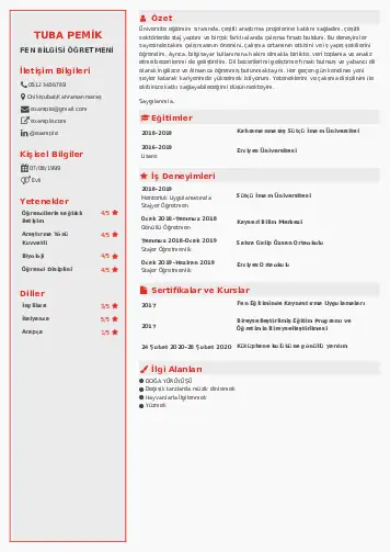 Fen Bilgisi Öğretmeni CV Örnekleri cv indir